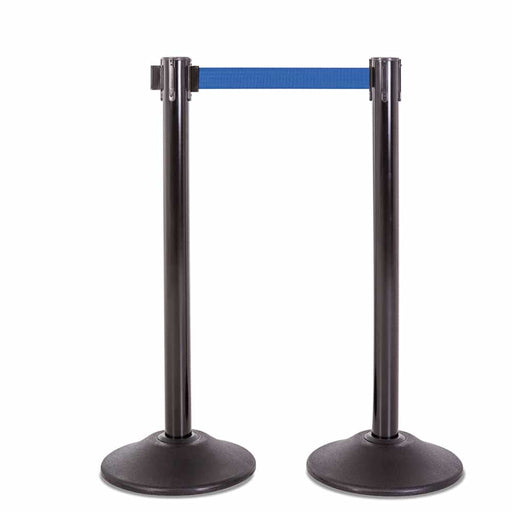 Premium Retractable Belt Stanchion - Black steel post with 15lb base & 7.5' blue belt (2 pack) - BarrierHQ.com