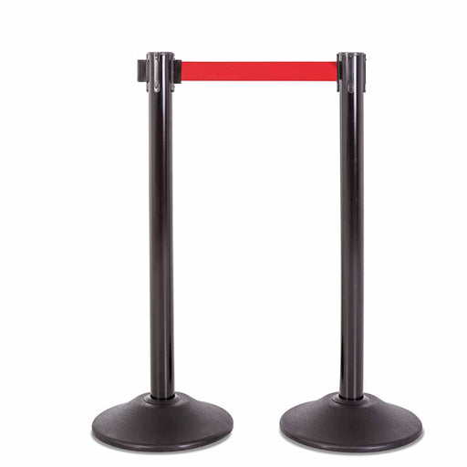 Premium Retractable Belt Stanchion - Black steel post with 15lb base & 7.5' red belt (2 pack) - BarrierHQ.com