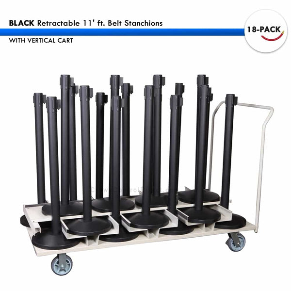 SET: 18 Retractable 11' ft. Belt Stanchions with Vertical Storage Cart