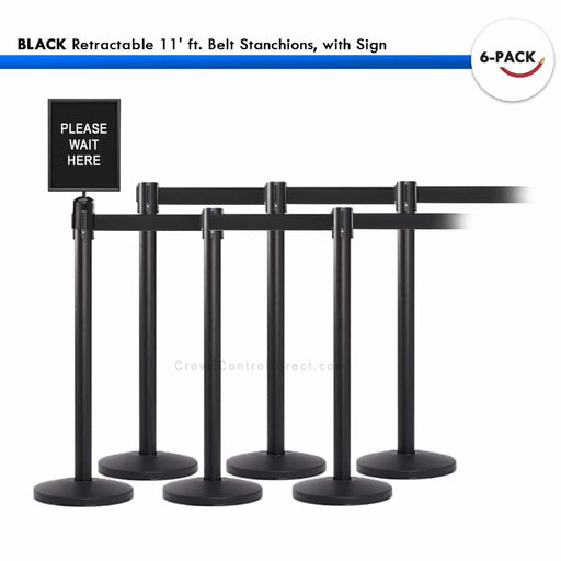 SET: 6 BLACK Retractable 11' ft. Belt Stanchions, with Sign - BarrierHQ.com