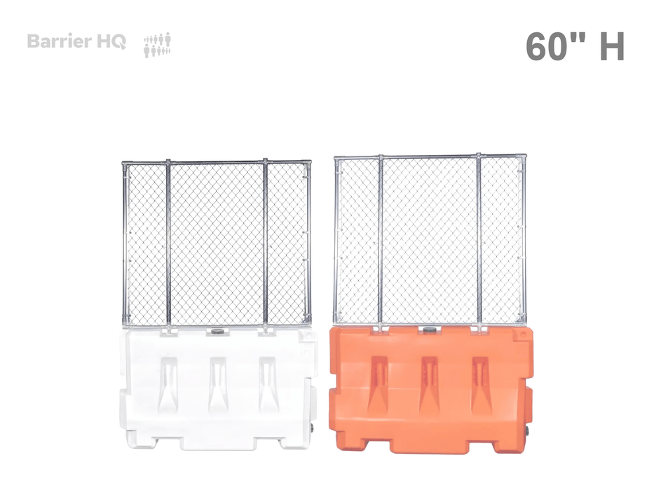 60" H water-filled barricades with chain-link fence panels, white and orange - BarrierHQ