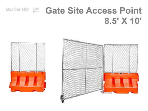 Barricade fence gate 8.5' x 10', temporary site access point with water-filled barricades - BarrierHQ