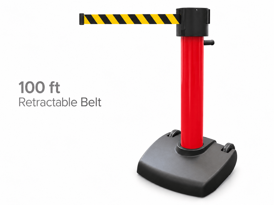 100 ft Outdoor Retractable Belt Barrier with Wheels | SkyPro 1000