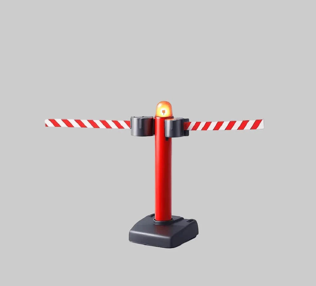 Red barrier post with a light - 150ft retractable belt barrier.