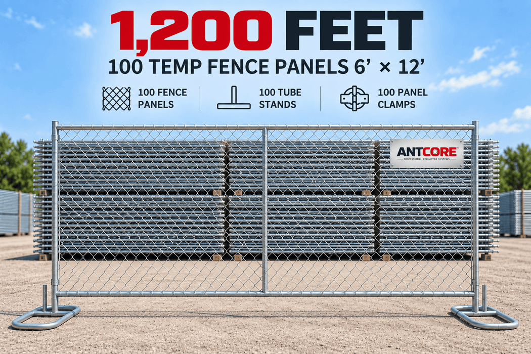 100 Panels 6' × 12' - 1,200 LF Temporary Chain Link Fence with Stands & Clamps ANTCORE-600-100