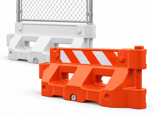 Plasticade Hydrocade 32" water-filled barricades, orange with sheeting and white with no sheeting - BarrierHQ.com