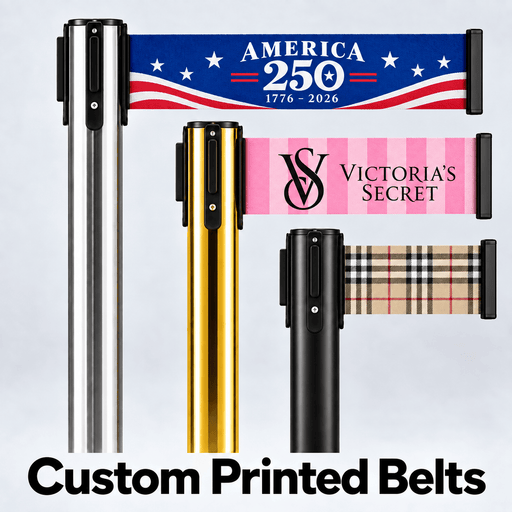 Custom printed belt stands shown with three printed belts attached: a silver stand with a red, white, and blue patriotic design reading 'America 250 1776-2026,' a gold stand with a pink and white 'Victoria's Secret' print, and a black stand with a beige plaid print. Large text at the bottom reads 'Custom Printed Belts.