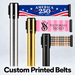 Custom printed belt stands shown with three printed belts attached: a silver stand with a red, white, and blue patriotic design reading 'America 250 1776-2026,' a gold stand with a pink and white 'Victoria's Secret' print, and a black stand with a beige plaid print. Large text at the bottom reads 'Custom Printed Belts.