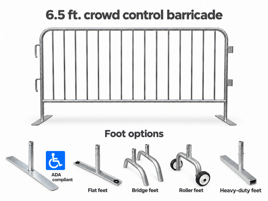 Crowd Control Barricade 6.5 ft Heavy-Duty, 16 Gauge, 1.5" Frame QUBARR-HD-6