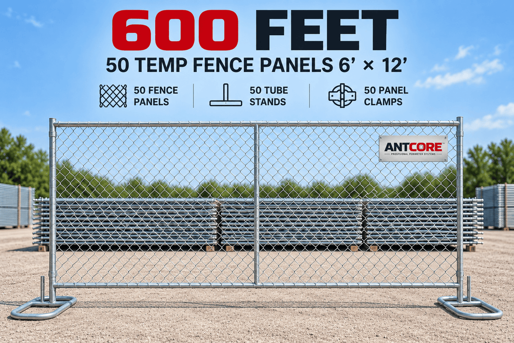 50 Panels 6' × 12' - 600 LF Temporary Chain Link Fence with Stands & Clamps ANTCORE-600-50
