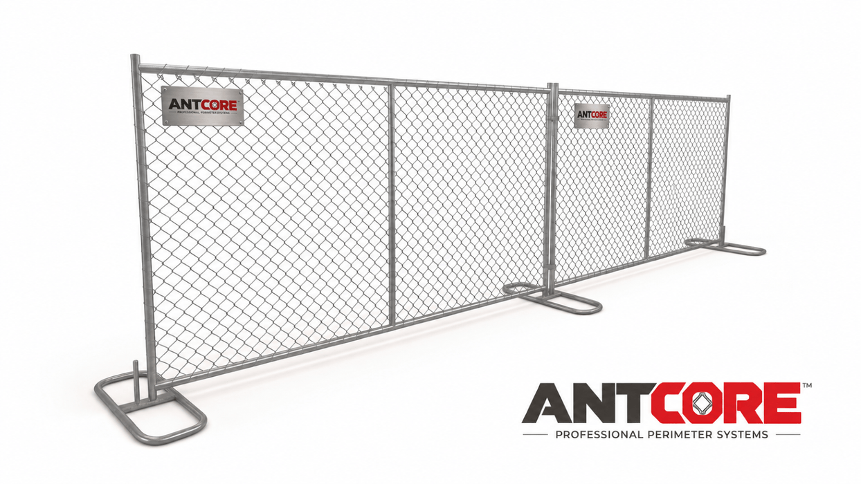 A silver-gray metal chain-link perimeter fence with U-shaped base feet and multiple panels, shown on a clean white background with the Antcore brand logo.