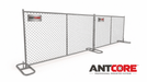 A silver-gray metal chain-link perimeter fence with U-shaped base feet and multiple panels, shown on a clean white background with the Antcore brand logo.