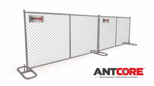 A silver-gray metal chain-link perimeter fence with U-shaped base feet and multiple panels, shown on a clean white background with the Antcore brand logo.
