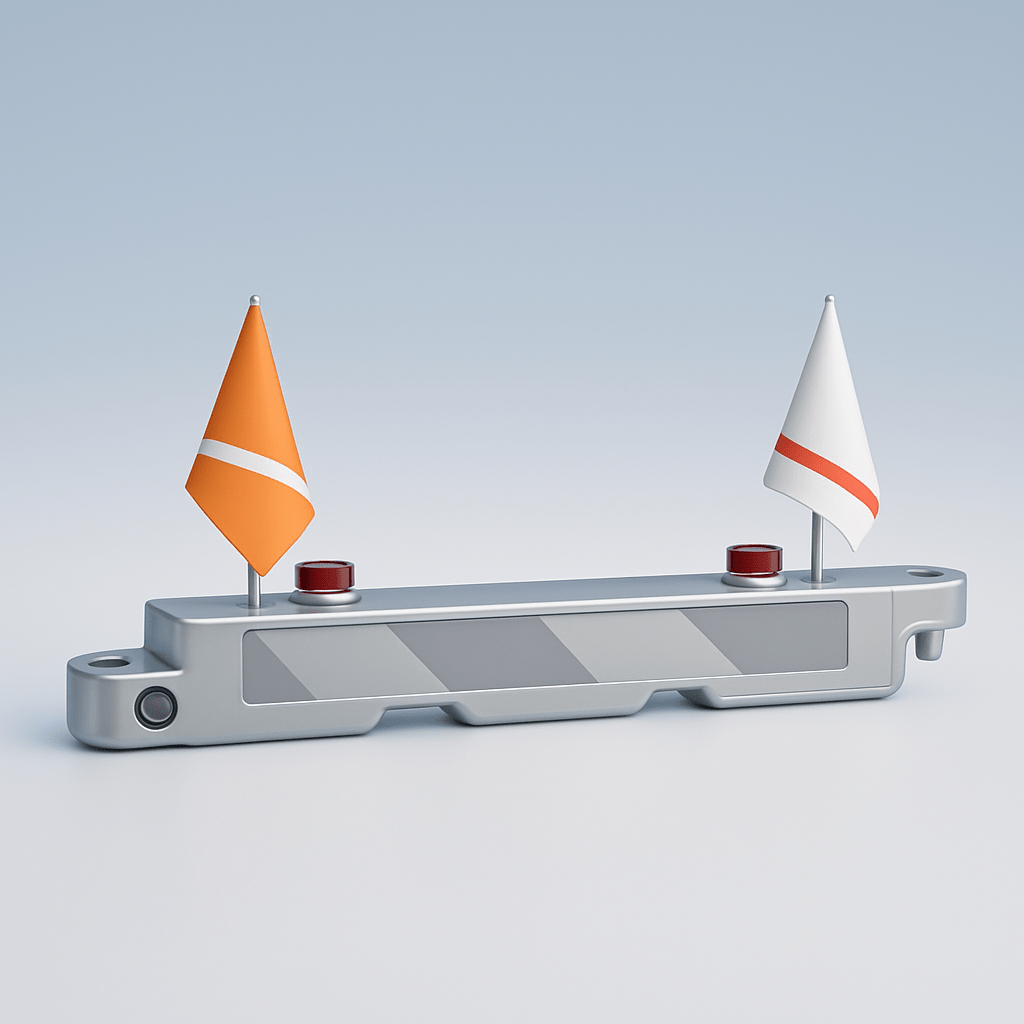 Airport Barrier - Metallic object with orange and white flags on a light gray background