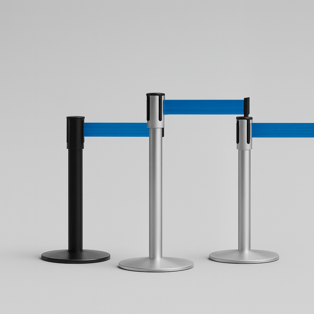 Three stanchions with blue retractable belts.