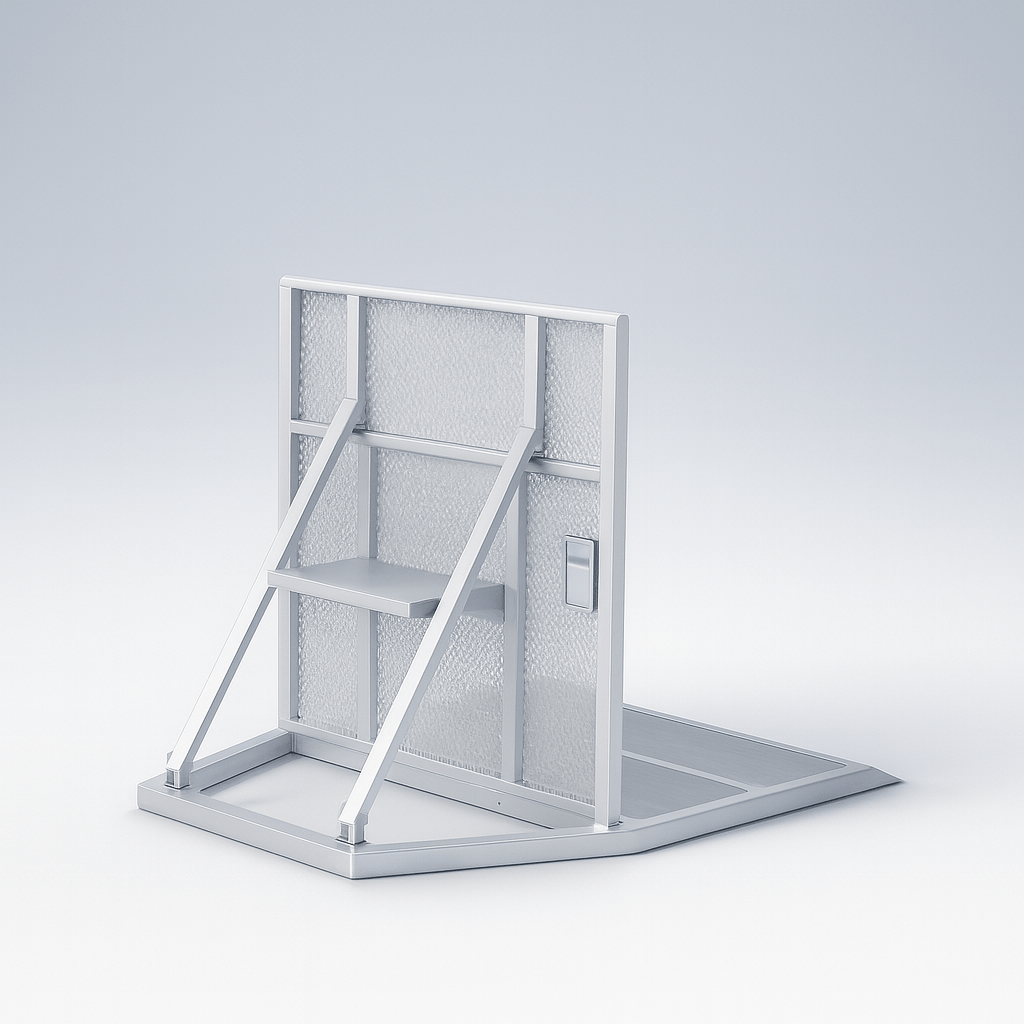 Concert barricade with metal mesh stand with shelves on a light gray background