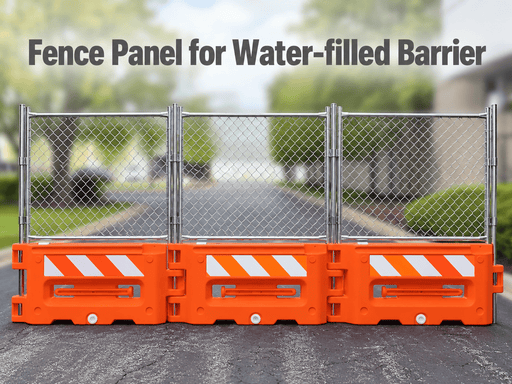 Plasticade Hydrocade fence panels HYD-FPANEL7 on orange water-filled barricades - BarrierHQ.com