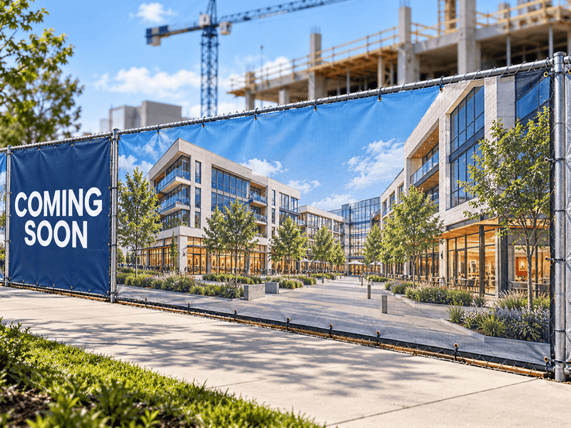 Full-color temporary construction fence mural displaying an architectural rendering of a future development.