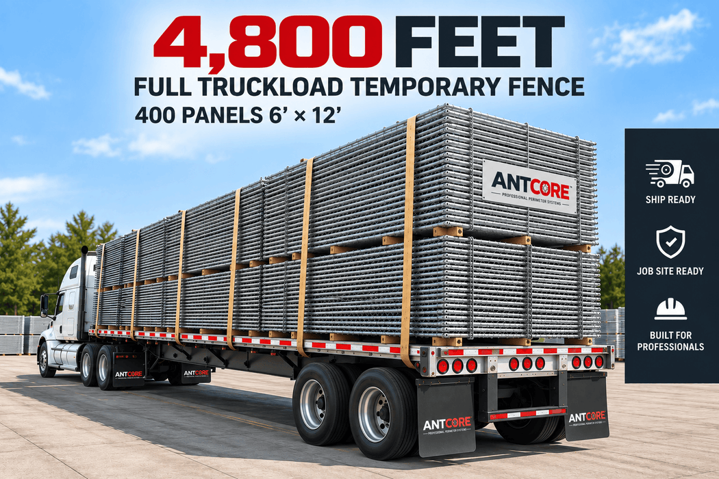 400 Panels 6' × 12' - 4,800 LF Full Truckload Temporary Chain Link Fence with Stands & Clamps ANTCORE-600-TRUCK
