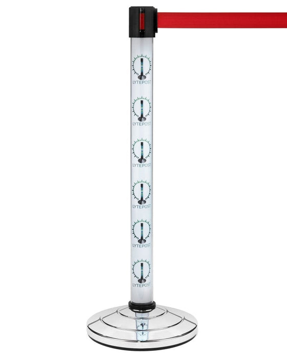 LED stanchions with 10 ft retractable belts provide visibility and ambiance at events and clubs.