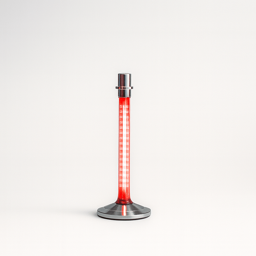 LED Illuminated Stanchion with decorative lamp with red glass and silver base on a white background
