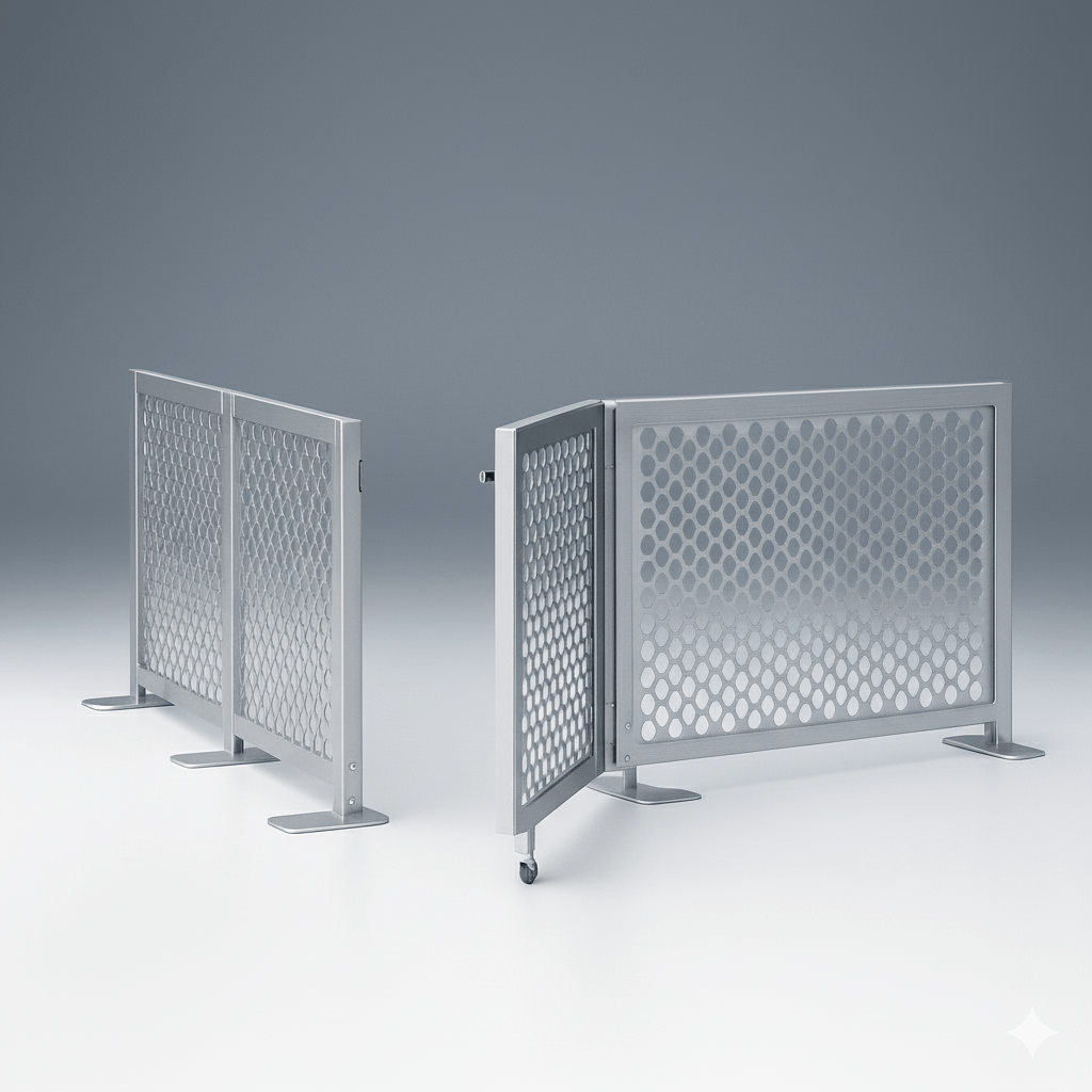 Two metallic privacy screens with perforated design know as patio partitions.