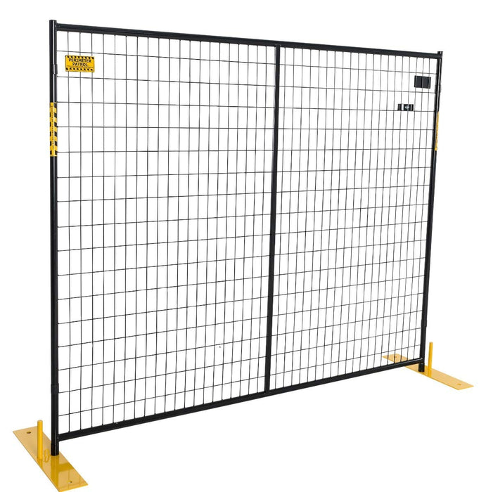 Black wire mesh safety fence with yellow feet on a white background