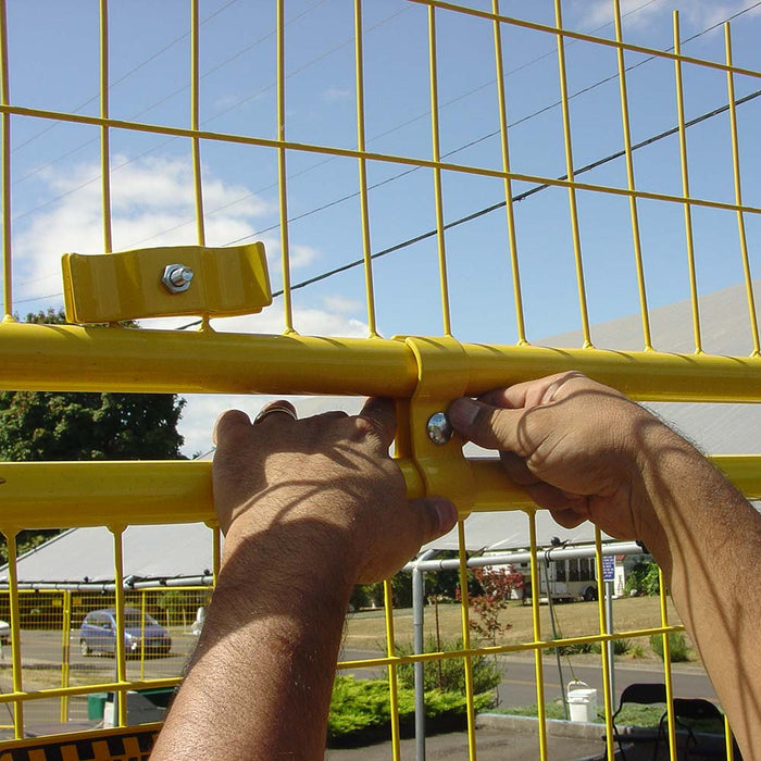 Closeup of Perimeter Patrol portable fence panel coated steel frame