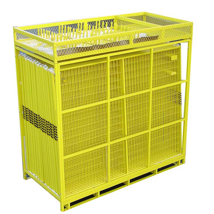 Yellow metal storage cage with multiple compartments on a white background