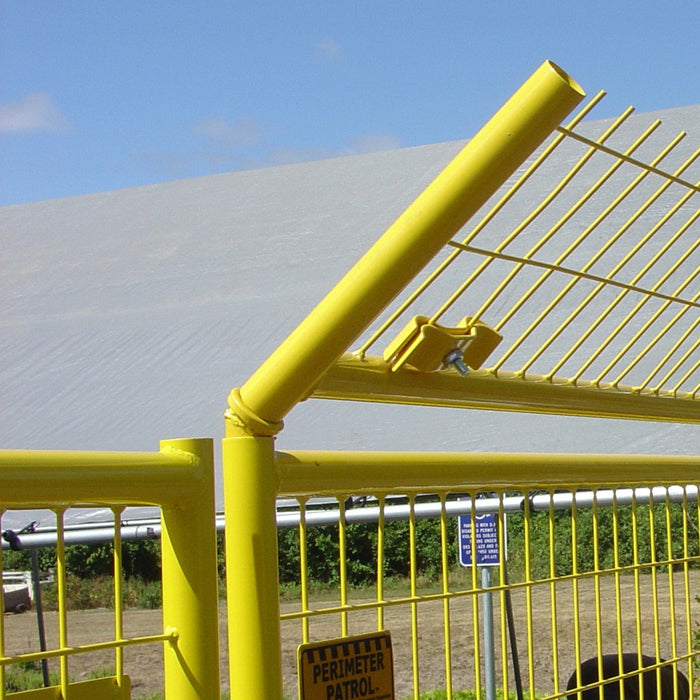 Angled metal connector designed to support no-climb fence extensions.