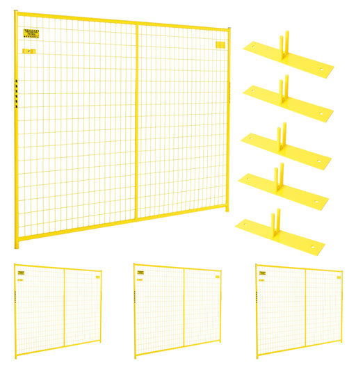 Professional yellow temporary barrier kit with four steel fencing panels.