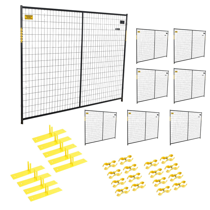 Set of eight 6x7.5 ft black steel fence panels for secure site containment.