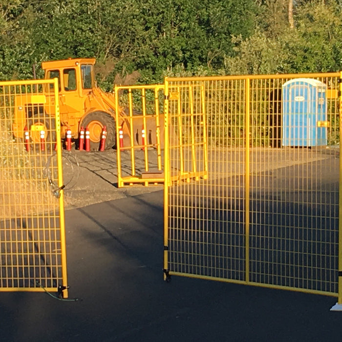 Perimeter Patrol swing gate wheels attached to portable security fence panel