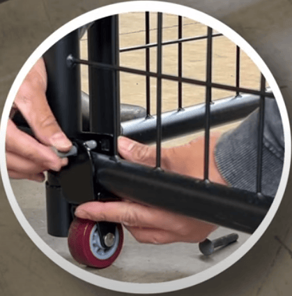 Steel wheel and hinge system for Perimeter Patrol temporary fencing