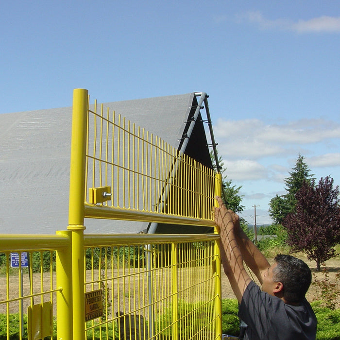 Steel connector for vertically mounting Perimeter Patrol no-climb panels.