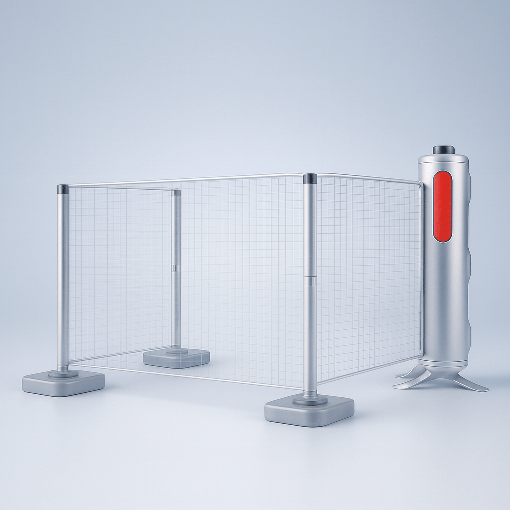Portable fencing with metallic barrier gate with a red indicator on a light gray background
