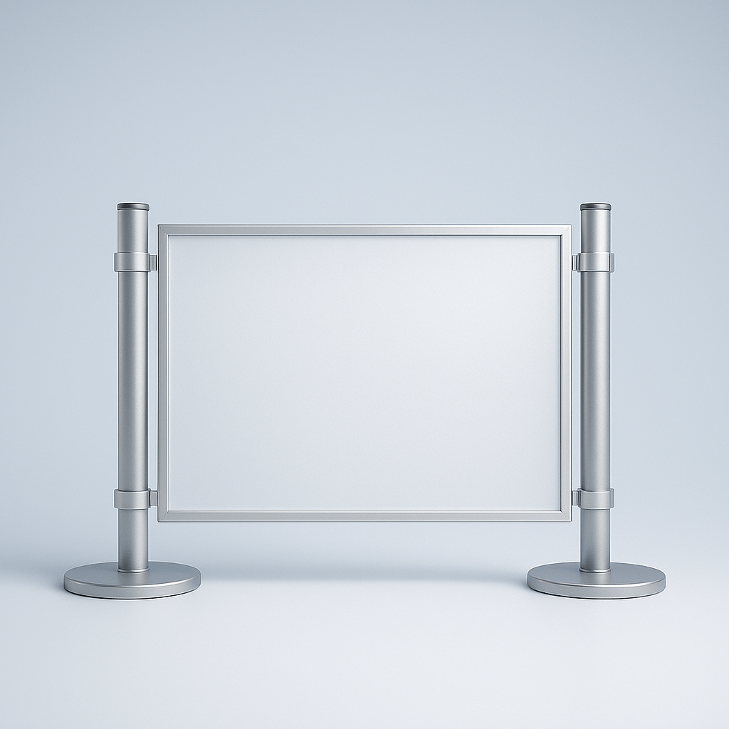 Post and panel with metal stanchion with a sign holder on a light gray background