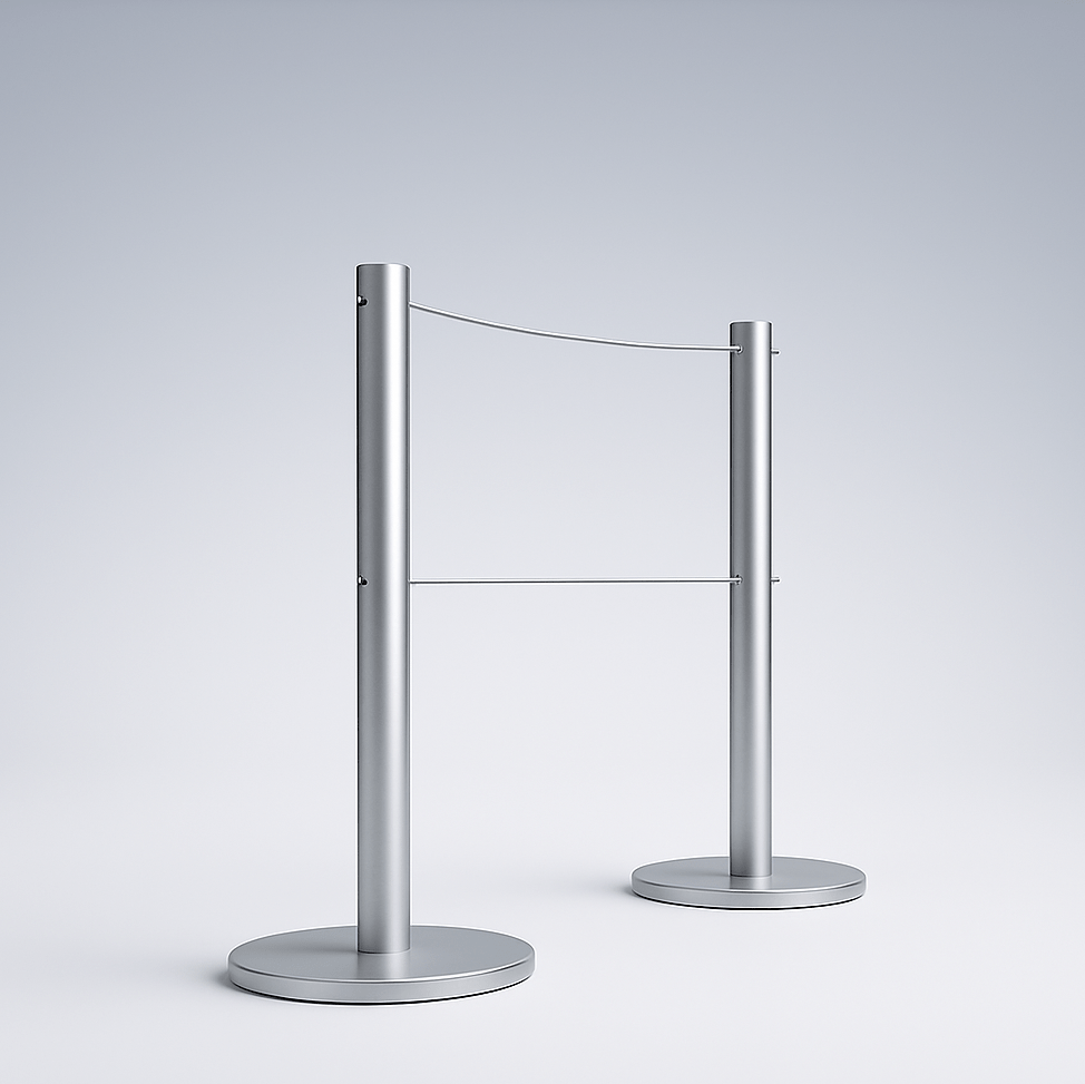 Two silver metal stanchions with retractable belts on a light gray background