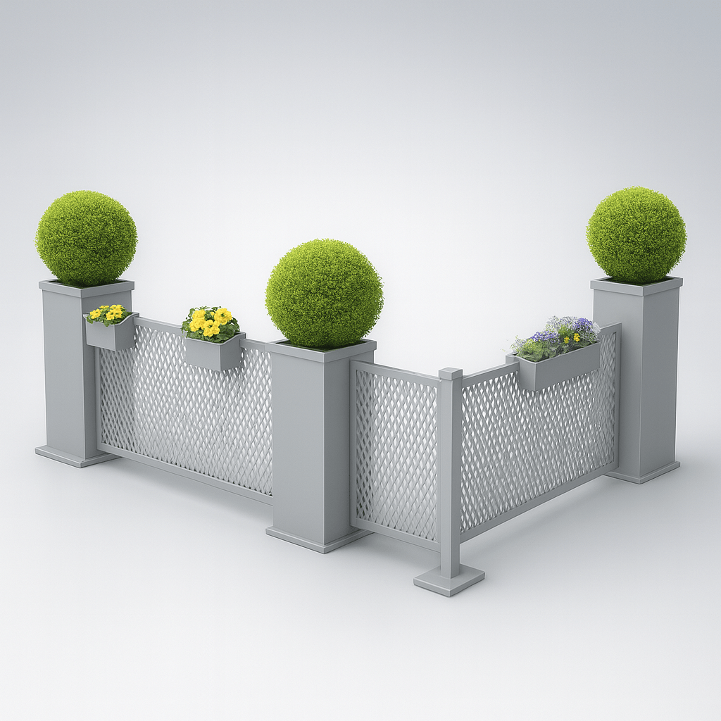Restaurant patio partitions with decorative metal fence with planters containing green bushes and small flowers on a white background