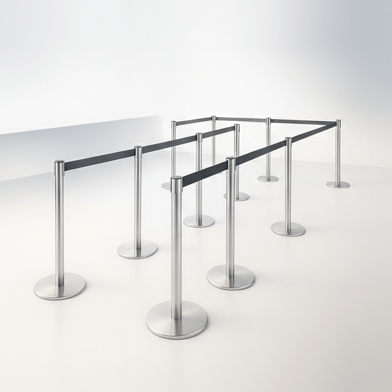 Metal stanchion barriers with black retractable belts on a white background