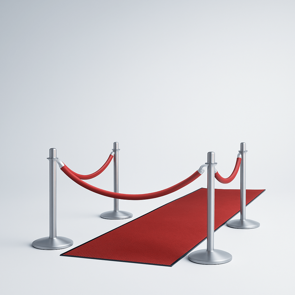 Red carpet with silver classic stanchions on a white background