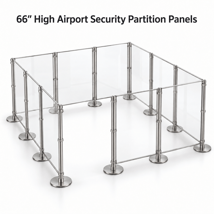 66″ High Airport Security Partition Panels with Extra Height Stanchions