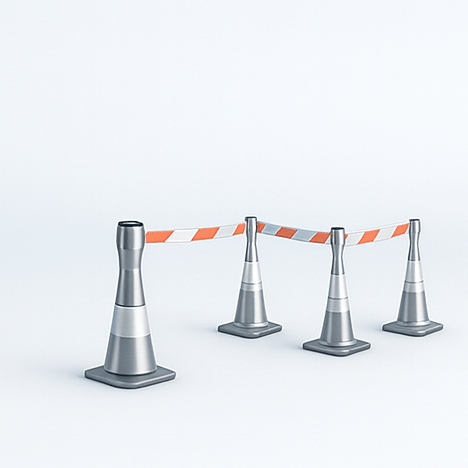 Set of silver traffic cones with an orange and white striped barrier tape on a white background