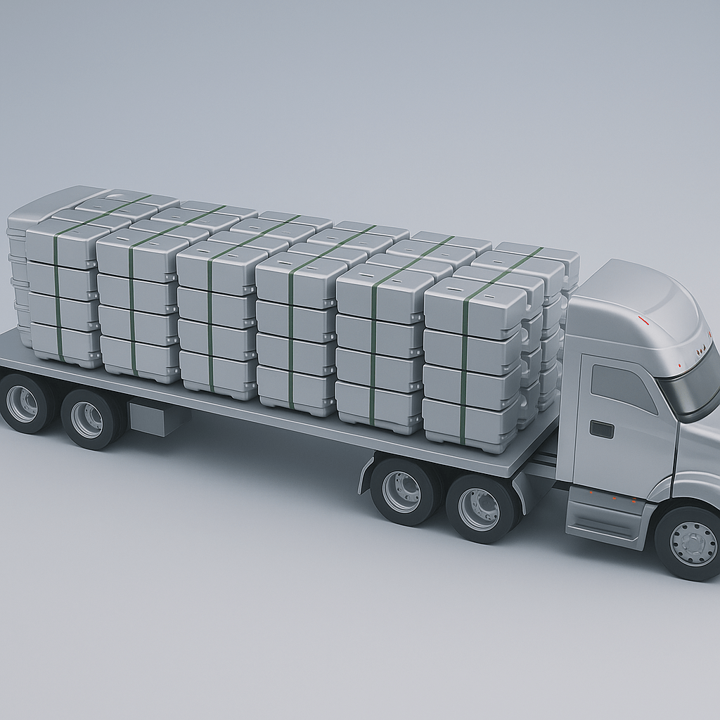 Model of a truck carrying stacks of boxes on a gray background