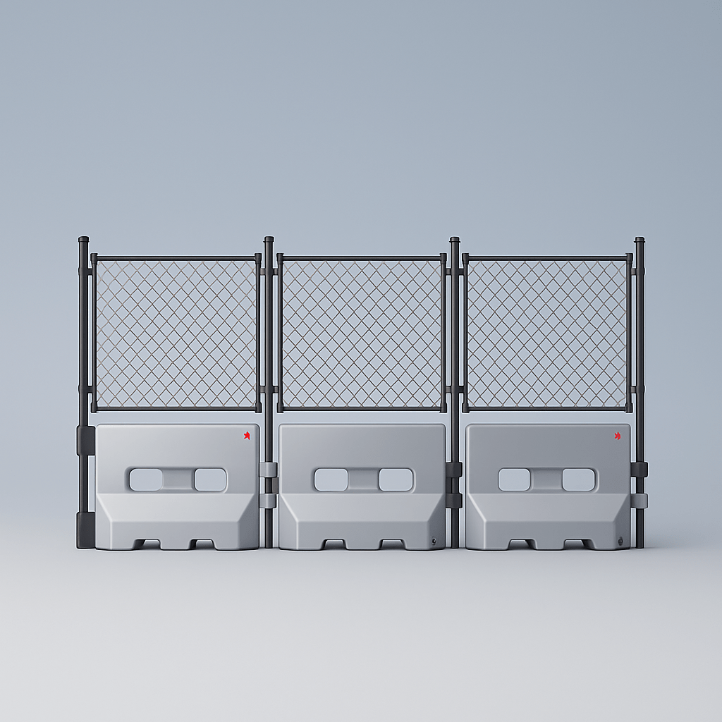 Three gray modular barriers with chain-link fences on a light blue background