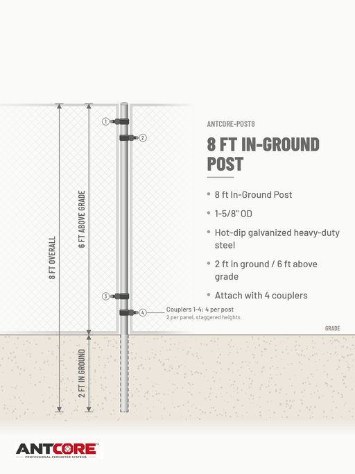 8 ft in-ground post for temporary fence panels with 4 couplers