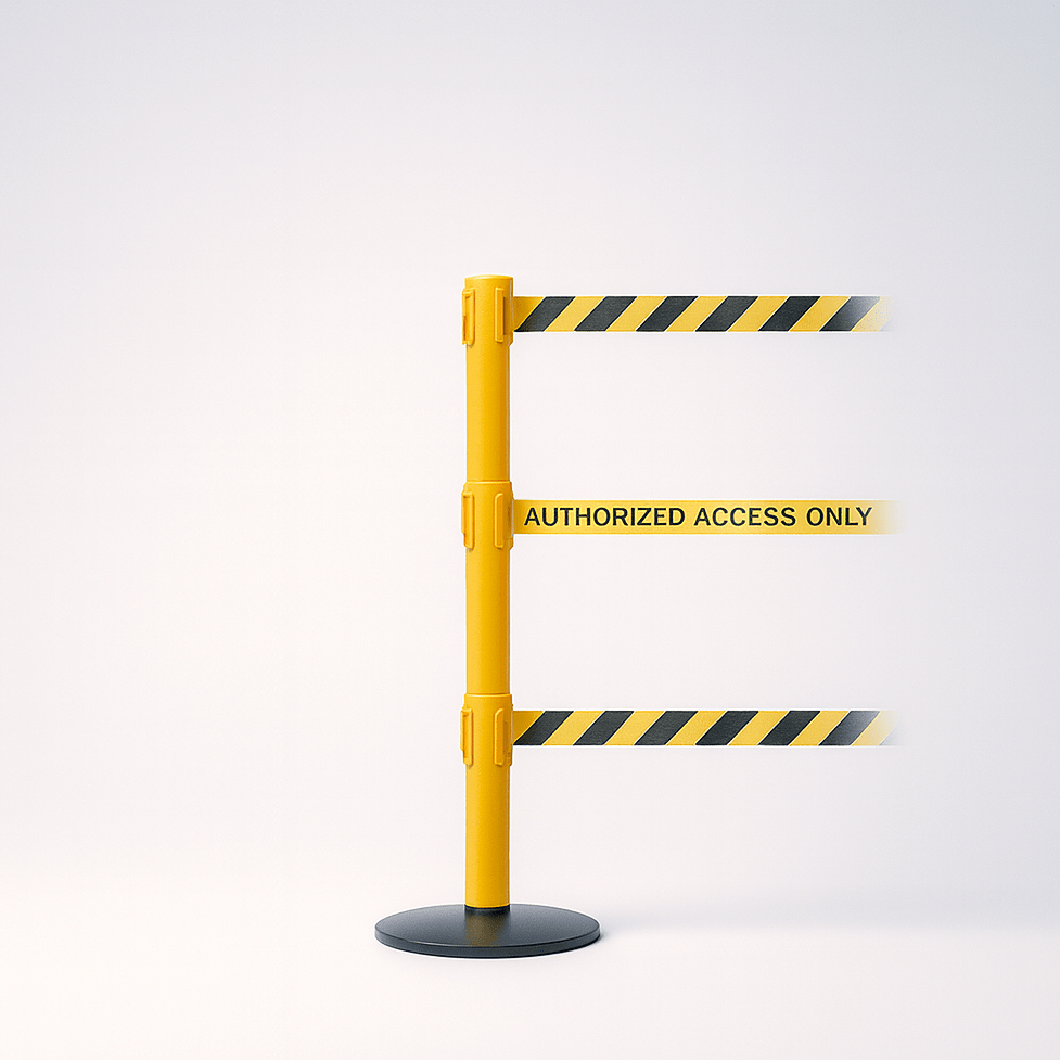 Yellow safety barrier with black and yellow striped belt and 'AUTHORIZED ACCESS ONLY' text on a white background