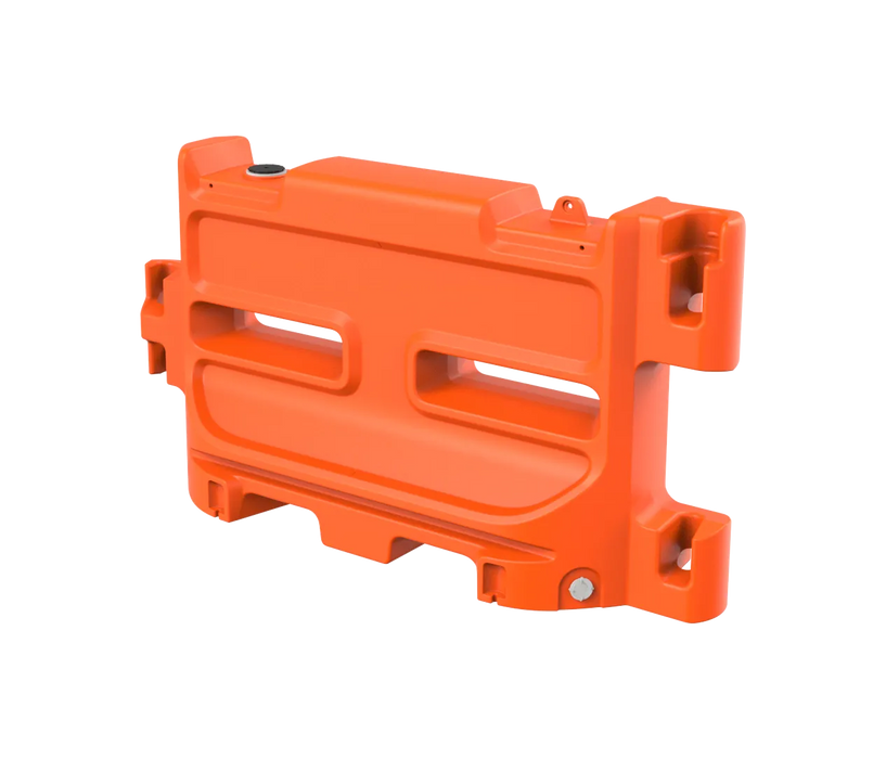 Guardsafe 42P water-filled pivot barricade in orange, angled view