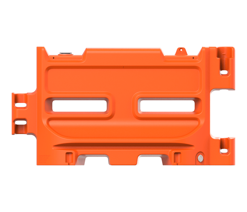 Guardsafe 42P orange water-filled barricade, side view, 42 in high x 72 in long