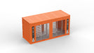 Orange shipping container with metal shelves on a white background